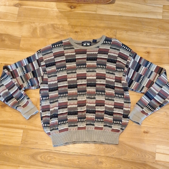 VIntage 90s cotton knit multicolor patchwork pattern oversized sweater - Picture 2 of 6